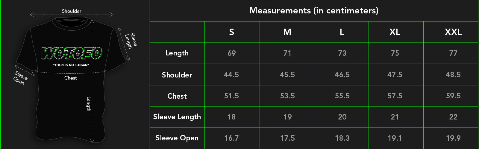 Vape T-Shirt Size Guide in centimeters